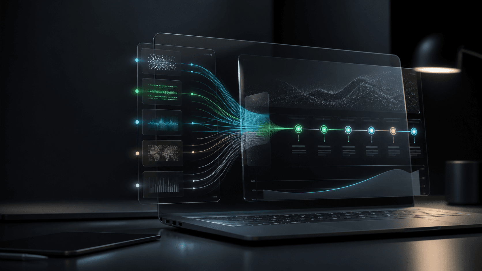 A futuristic signal dashboard converging scattered inputs into a decision timeline